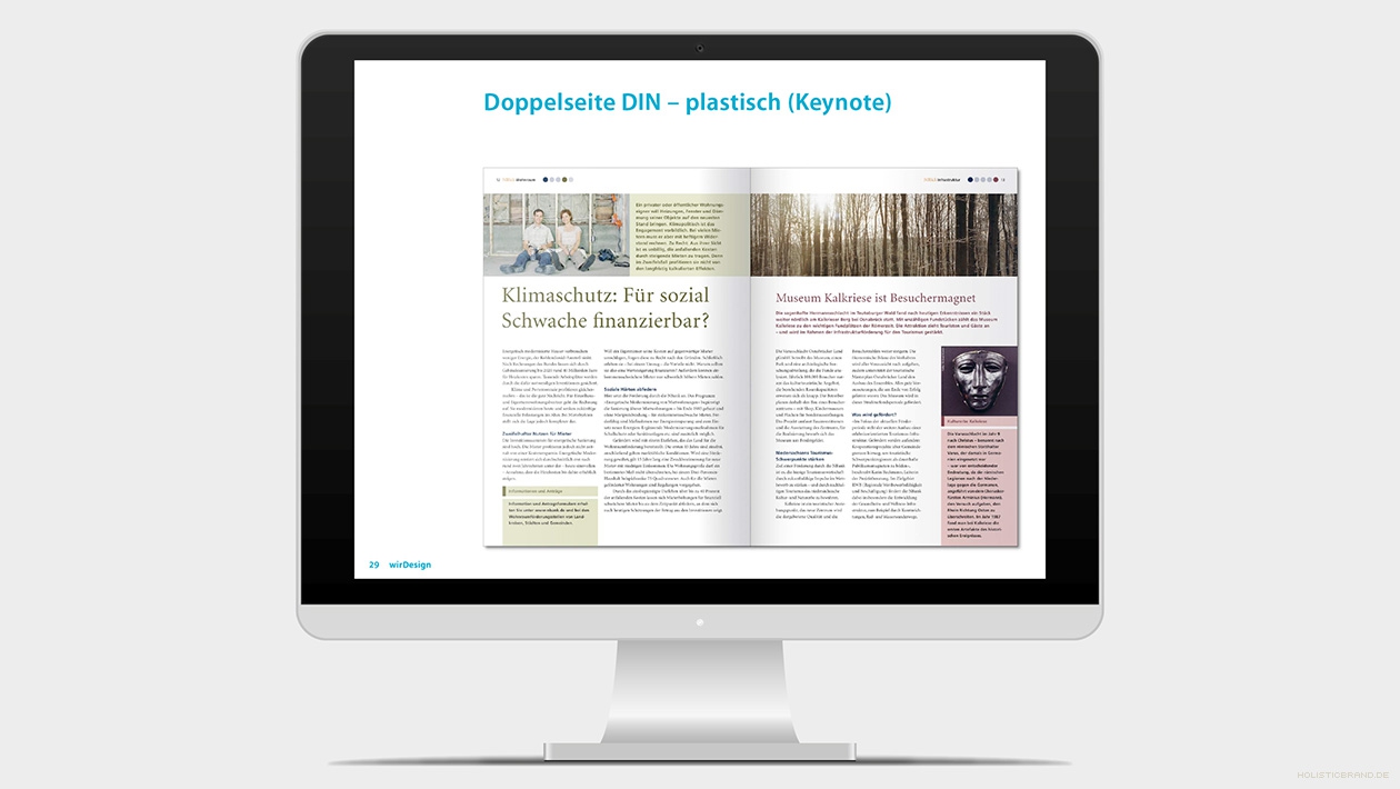 Folienbeispiel mit plastisch dargestelltem Doppelseitenlayout. Screenshot aus einer Keynotepräsentation-Präsentation Doppelseitenlayout